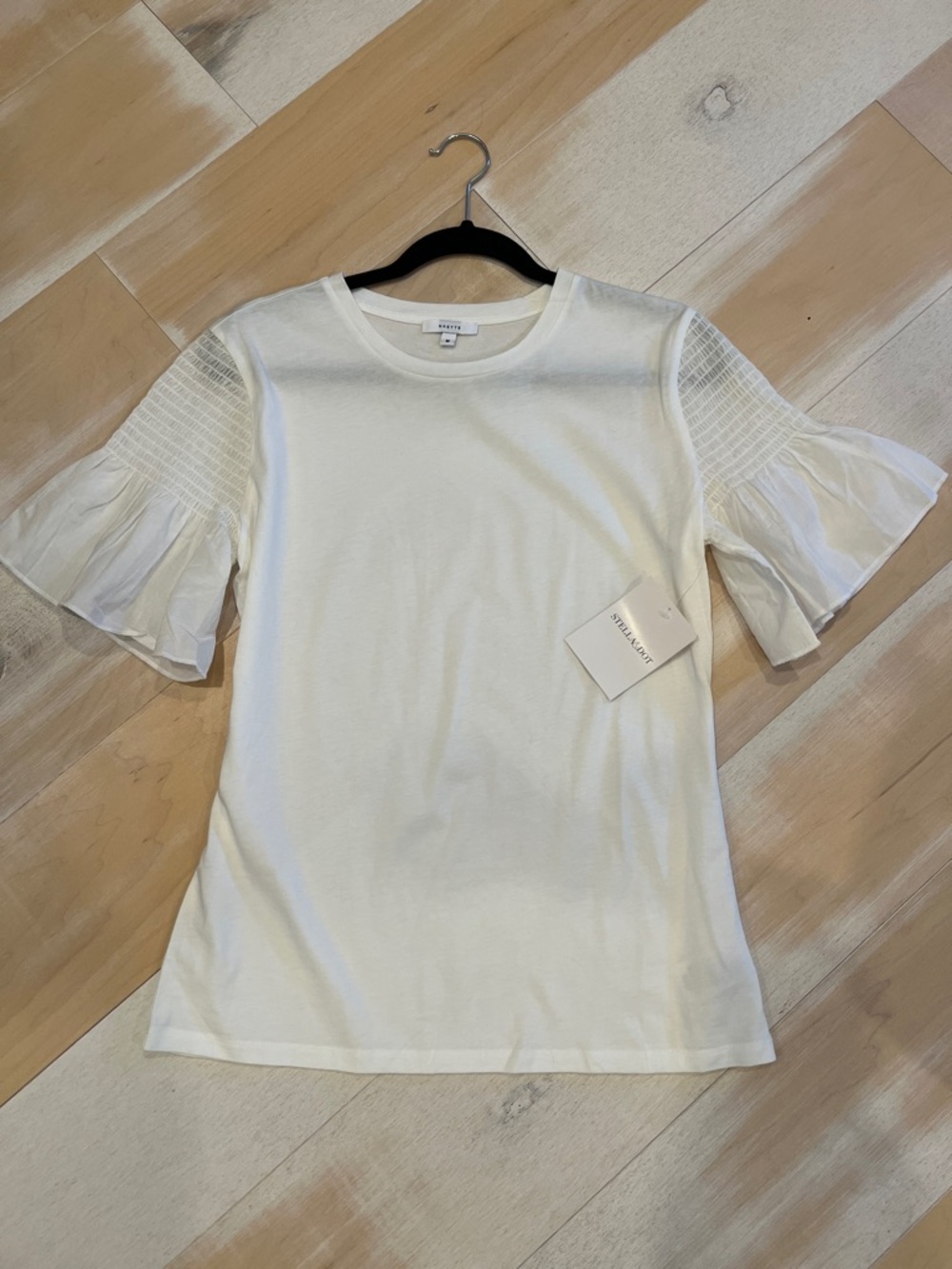 Stella &Dot White Short Sleeve Knit Tee with Smocked Flutter Sleeves